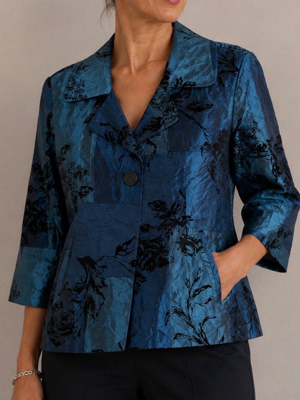 Susan Graver Teal Blue Floral Jacquard Blazer